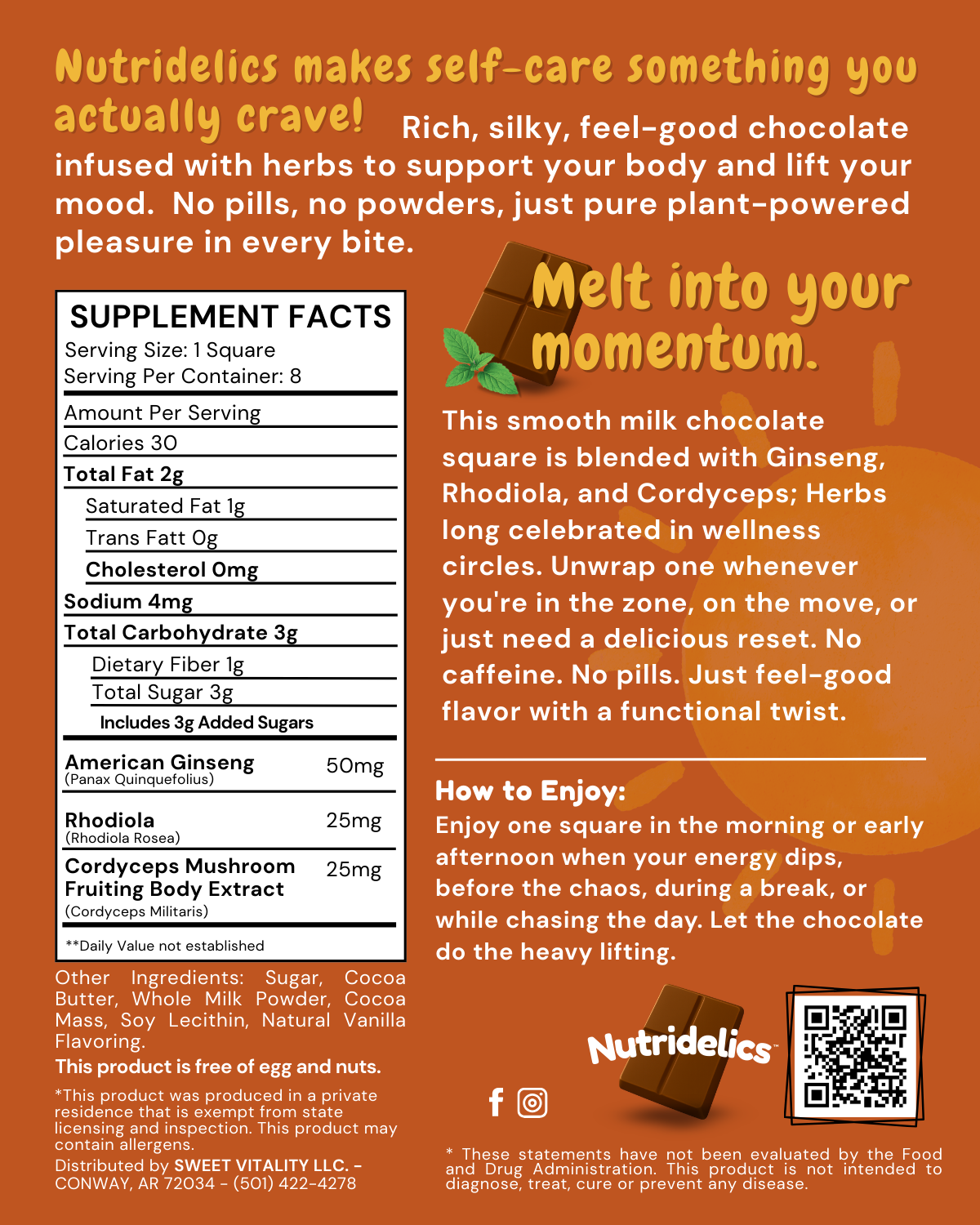 Milk Chocolate Squares - Ginseng, Rhodiola & Cordyceps Mushroom Extract